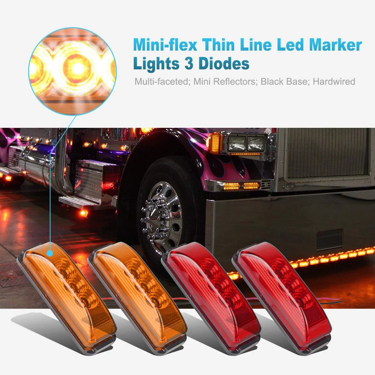 Partsam 10Pcs 3.9" Thin line Trailer Led Side Marker and Clearance Lights 3LED with Reflectors Submersible Sealed 12V Surface Mount for Truck Trailer Boats, Rectangular LED trailer light (5Amber+5Red) - Image 6