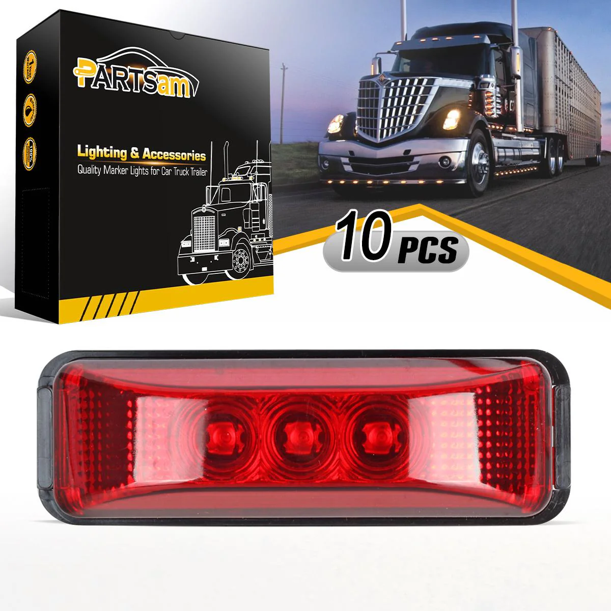 Partsam 10pcs 3.9inch Waterproof Red 3LED Side Marker Light Lamp for Trailer Truck Boat DC12V, Thin line Faceted LED Trailer Truck Clearance or Side Marker Lights w Mini Reflectors - Image 3