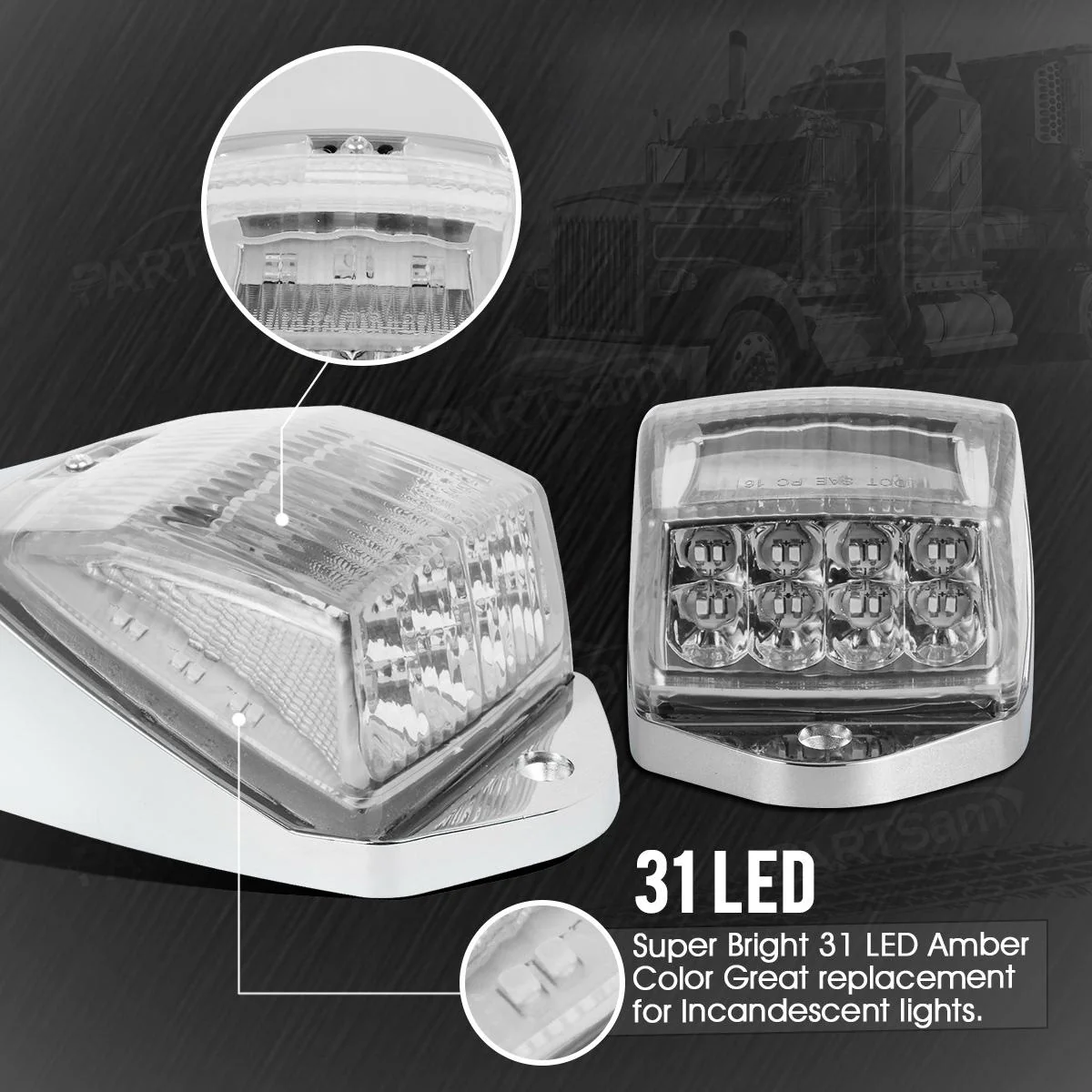 Partsam 10pcs 31LED Amber Cab Light LED Top Roof Running Marker Lights w/Chrome Base Compatible with Peterbilt/Kenworth/Freightliner//Western Star/Mack/International Trailer Trucks - Image 4