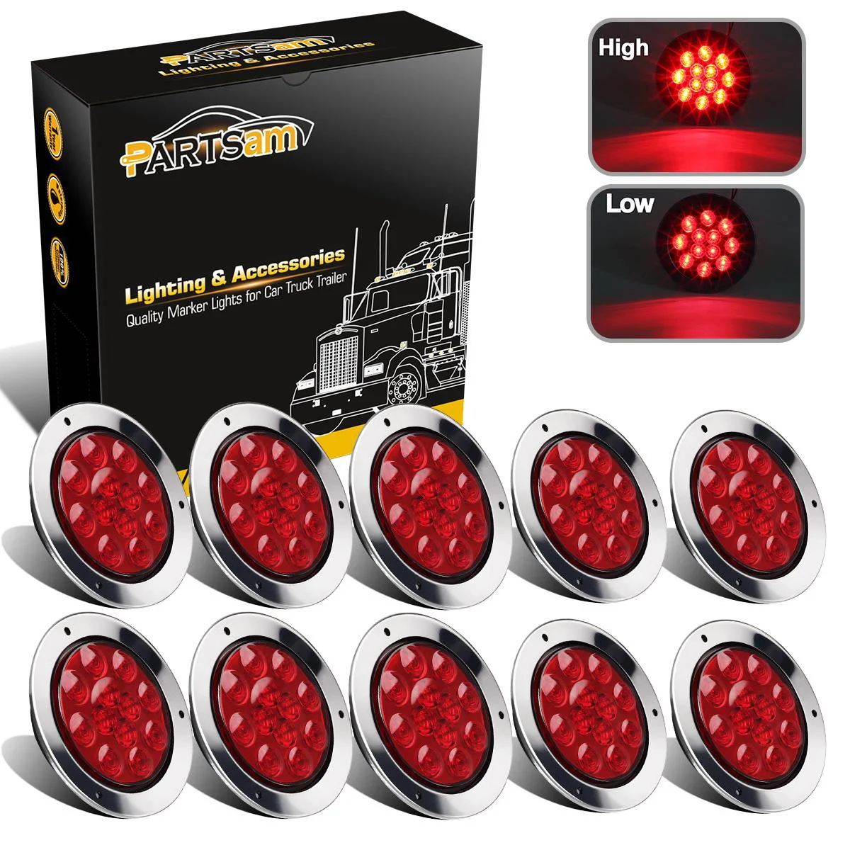Partsam 10Pcs Red 4inch Inch Round LED Trailer Tail Lights 12LED Flange Mount Stainless Steel Chrome Bezel Waterproof Stop Turn Tail Brake Lights Replacement for Trucks RV 12V - Image 3