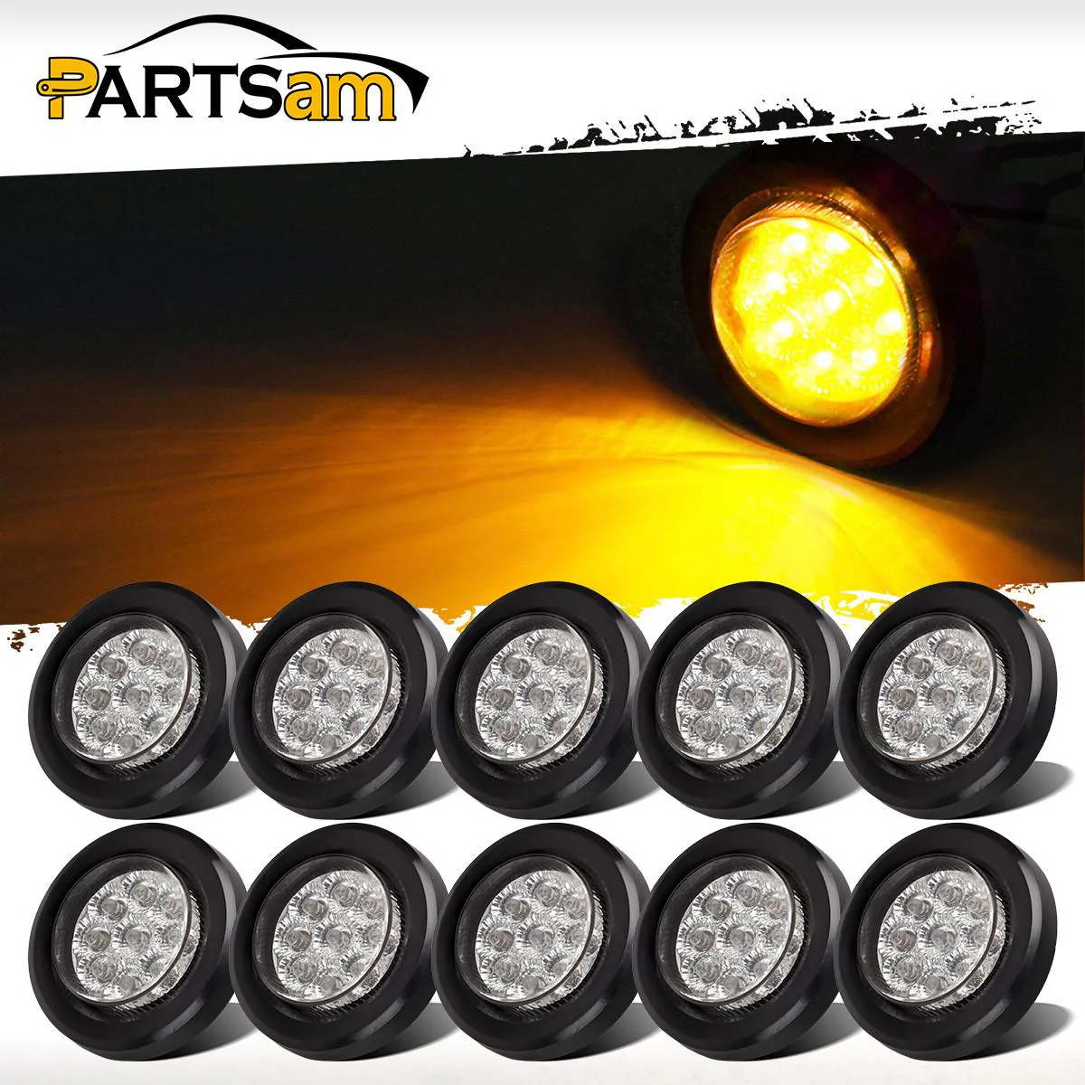 Partsam 10x 2" Round Amber Led Marker Clearance Light 9LED Clear Lens w Reflector Kits Trailer, Grommet/Pigtails, 2 inch round led trailer lights clear, 2 inch round led marker lights - Image 8