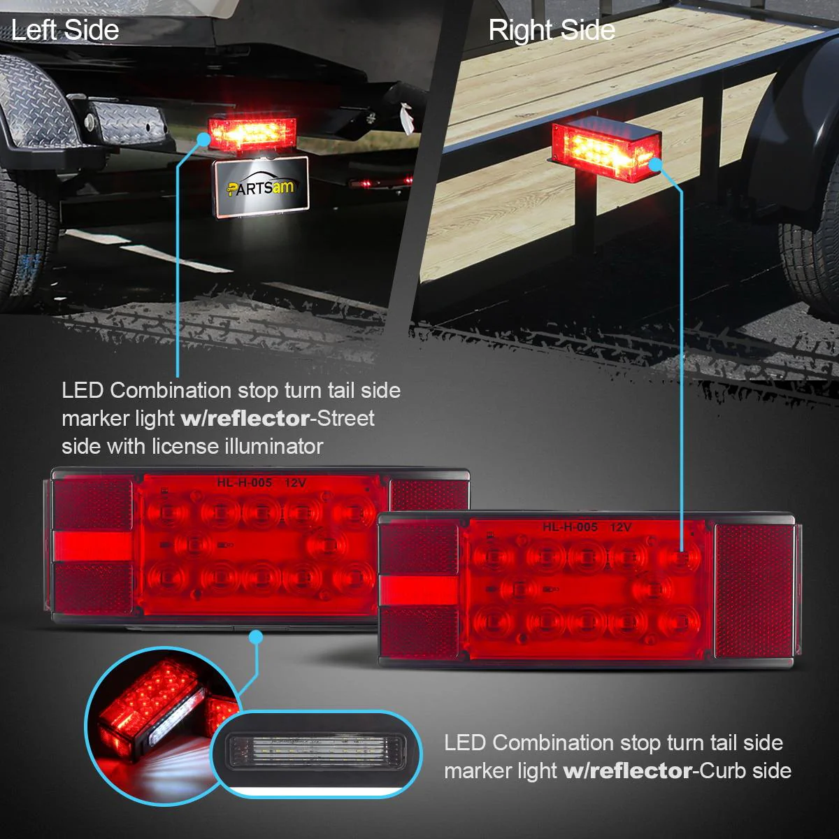 Partsam 12V LED Submersible Low Profile Rectangular Trailer Lights, Waterproof LED Combination Trailer Tail Light Kit Stop Brake License Plate Turn Running Lights Sealed for Boat Trailer Lights Truck - Image 4