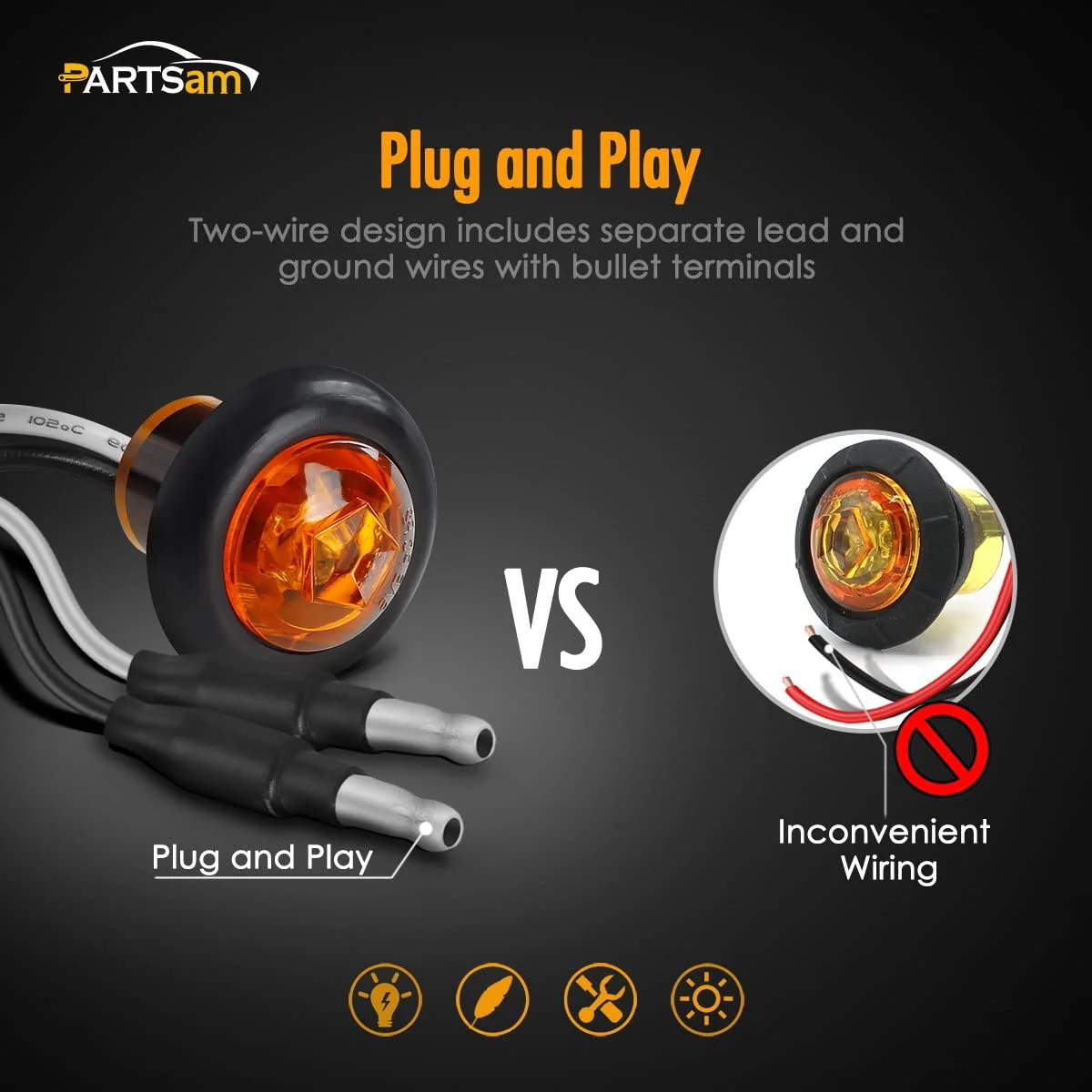 Partsam 20x Amber Side Marker Light Clearance Light LED Amber with Plug, Sealed Mini Round 3/4" Inch Trailer Truck Led Marker Lights w Rubber Grommet Hot Spot - Image 6