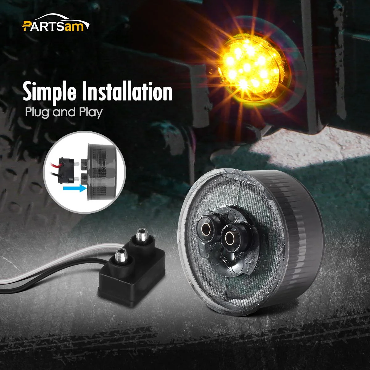 Partsam 2Pcs 2 Inch Round Amber Led Side Marker and Clearance Lights 9 Diodes Smoke Lens w Reflectors Trailer Truck Lights Submersible 12V Grommets Pigtails, Sealed 2 Round Led Marker Trailer Lights - Image 4