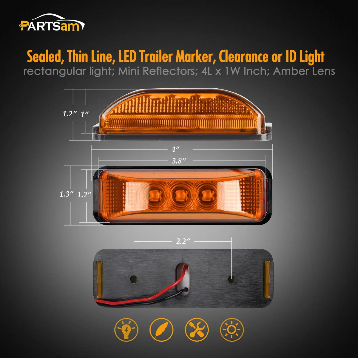 Partsam 2PCS 3 LED Truck Trailer Front Rear LED Side Marker Lights indicator Lamp Sealed & Waterproof Surface Mounted Installation Amber 3.9" - Image 9