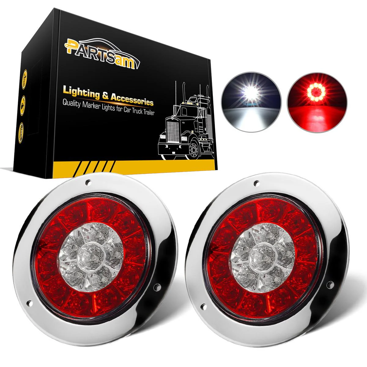 Partsam 2Pcs 4inch Inch Round LED Trailer Tail Lights White Red Taillights Flange Mount 16 LED DC 12V Sealed Waterproof Stop Brake Tail Running Reverse Backup Lights Lamps for RV Trailer Trucks - Image 3