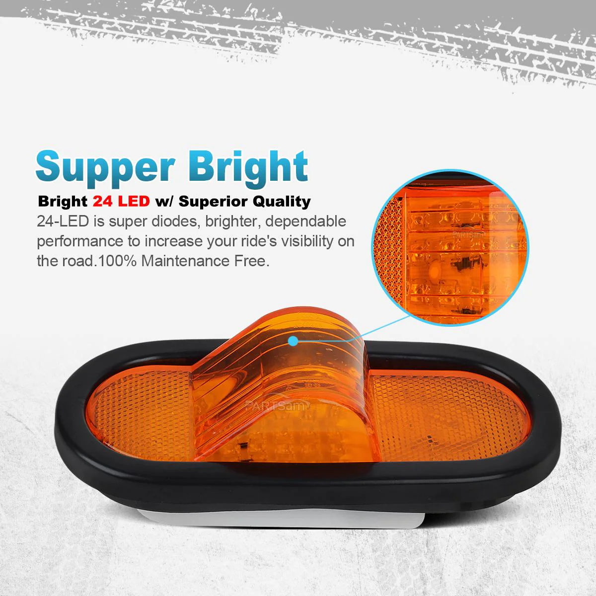 Partsam 2Pcs 6.5 inch Mid Turn Signal Amber Marker Light Rubber Mount 24 LED w/Reflex Lens Universal Waterproof 6 Inch Oval Led Mid-Ship Marker and Turn Signal Semi Truck Trailer Light - Image 7