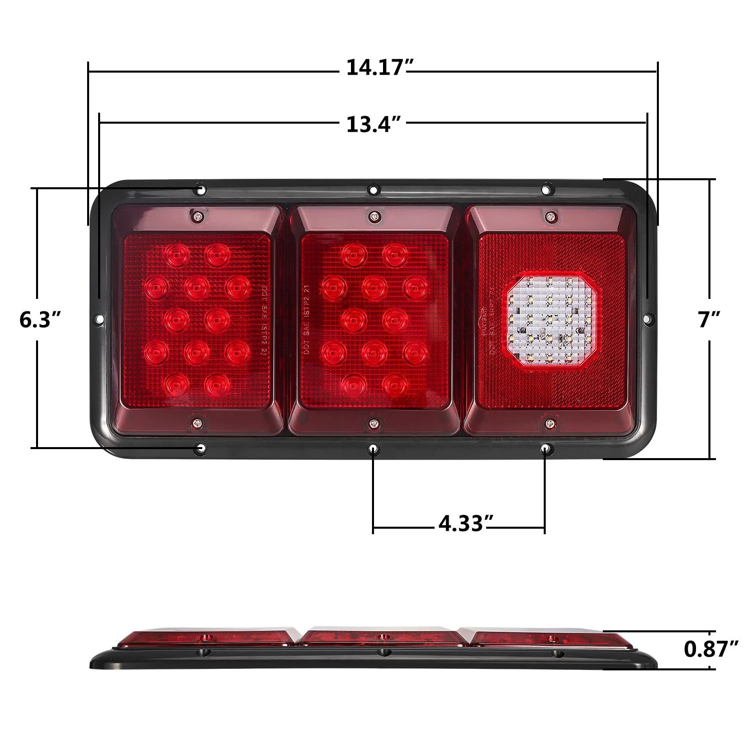Partsam 2Pcs LED Triple Tail Lights 45 LEDs, Rectangle Vertical or Horizontal Mount LED Trailer Camper RV Tail Lights Stop Turn Tail Backup Reverse Lights Taillights w/ Black Base - Red/Clear Lens - Image 7