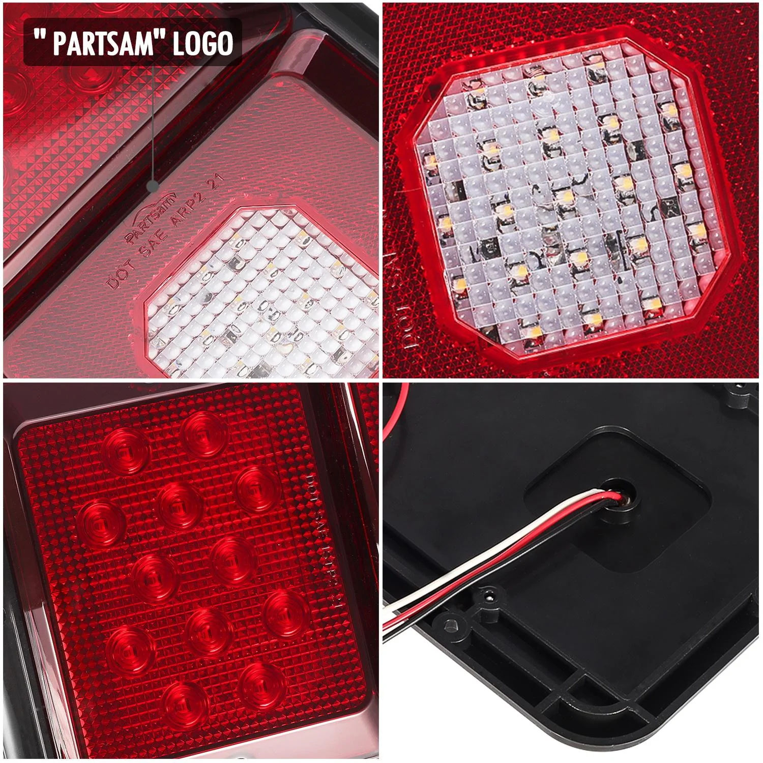 Partsam 2Pcs LED Triple Tail Lights 45 LEDs, Rectangle Vertical or Horizontal Mount LED Trailer Camper RV Tail Lights Stop Turn Tail Backup Reverse Lights Taillights w/ Black Base - Red/Clear Lens - Image 8