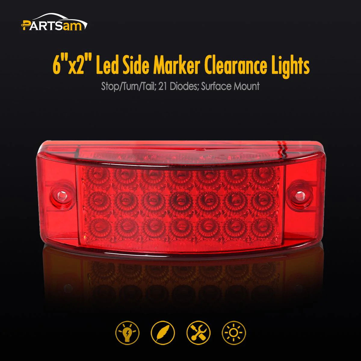 Partsam 2Pcs Red 6" LED Rectangle Side Marker and Clearance Trailer Lights 21 Diodes with Reflectors Waterproof 12V Sealed 6x2 Rectangular Led Stop Turn Tail Brake Lights Dual Mode Surface Mount - Image 6