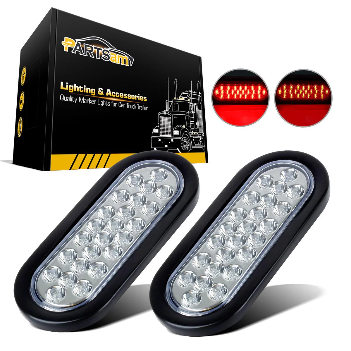 Partsam 2x Oval Brake Stop Tail Turn Sealed Marker Lights Flush Mount 6.3inch Inch 24 LED Truck Trailer Boat Utility Clear Lens Red w/Rubber Grommet Waterproof 12V - Image 3