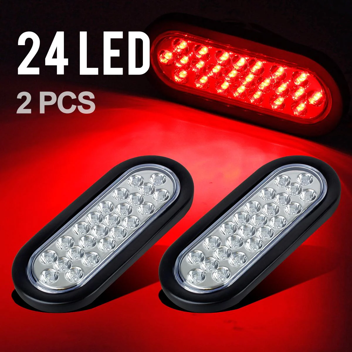 Partsam 2x Oval Brake Stop Tail Turn Sealed Marker Lights Flush Mount 6.3inch Inch 24 LED Truck Trailer Boat Utility Clear Lens Red w/Rubber Grommet Waterproof 12V - Image 4