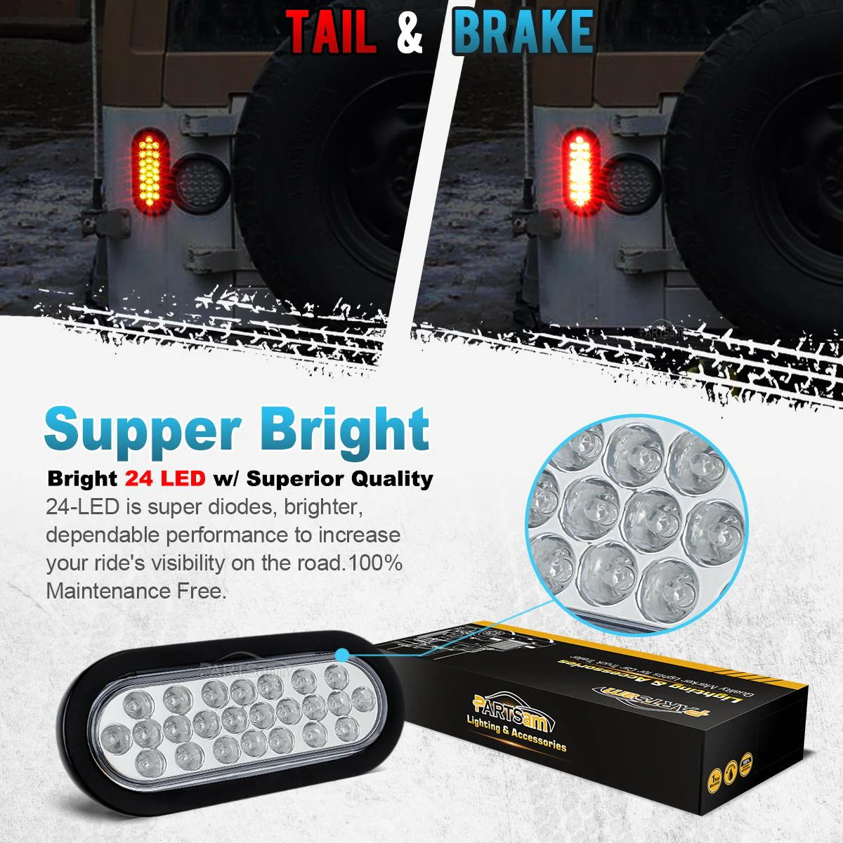 Partsam 2x Oval Brake Stop Tail Turn Sealed Marker Lights Flush Mount 6.3inch Inch 24 LED Truck Trailer Boat Utility Clear Lens Red w/Rubber Grommet Waterproof 12V - Image 9