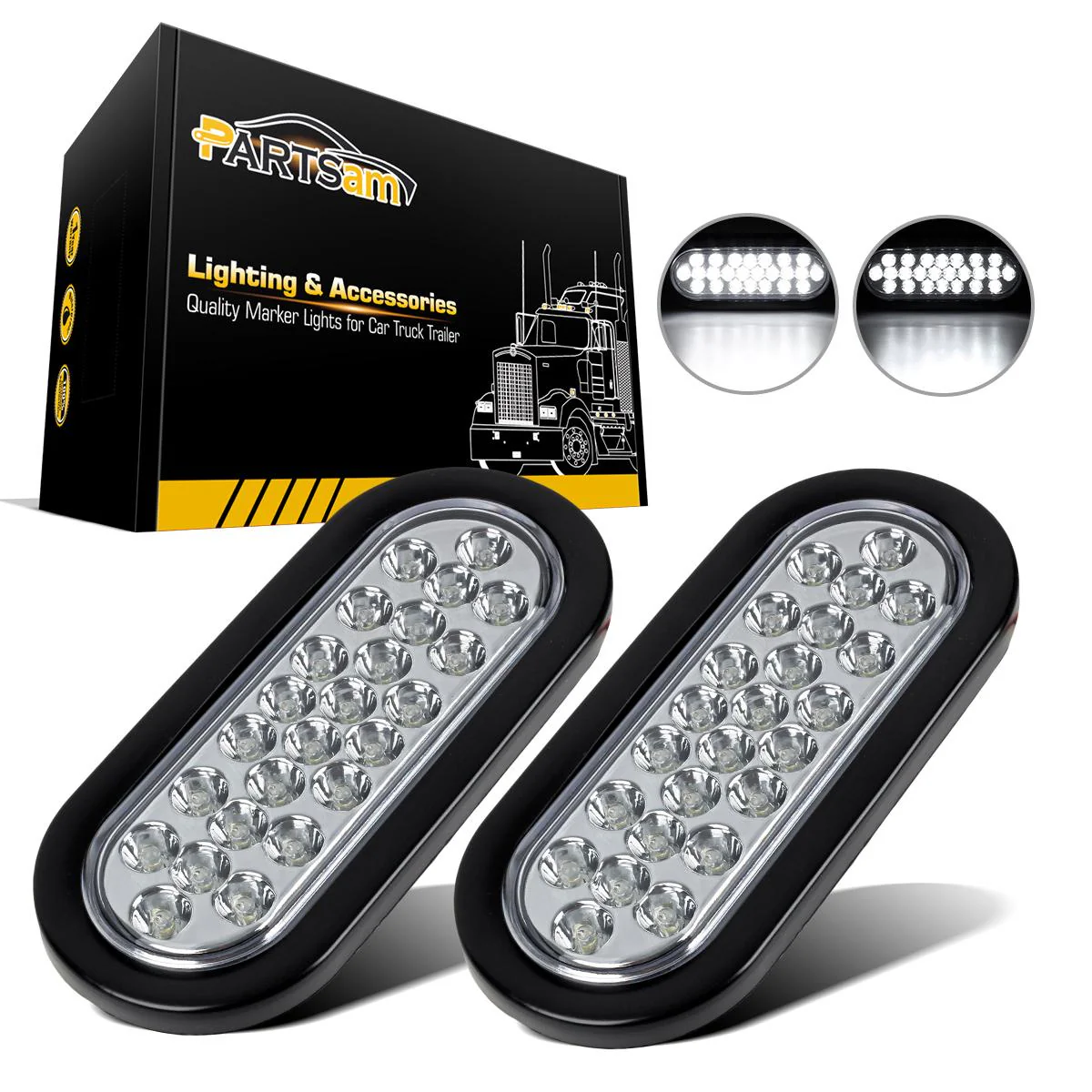 Partsam 2x Oval Clear Lens White Stop Turn Tail Backup Reverse Fog Lights Lamps Rubber Flush Mount 6inch 24 LED for Truck Trailer Boat RV Waterproof - Image 3