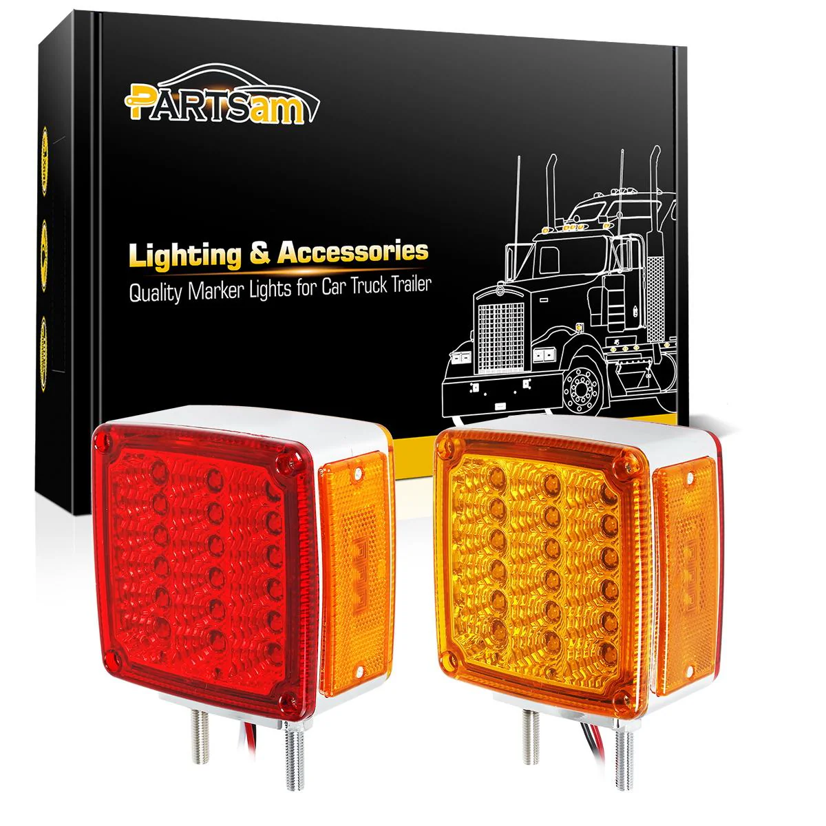 Partsam 2x Truck Trailer Square Double Face Pedestal Stop Turn Tail Light Amber / Red 39 LED for Trucks - Image 3