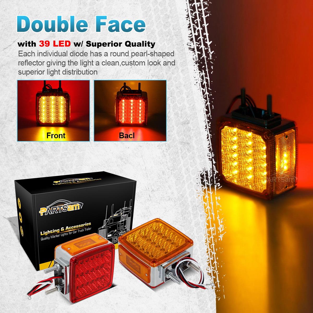 Partsam 2x Truck Trailer Square Double Face Pedestal Stop Turn Tail Light Amber / Red 39 LED for Trucks - Image 6