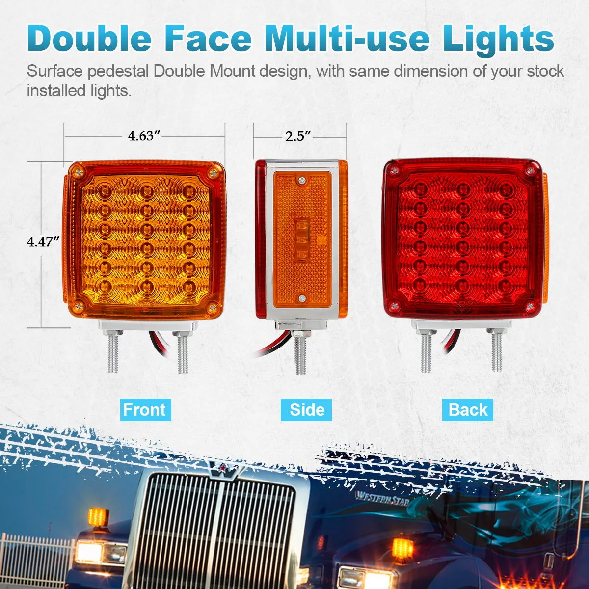 Partsam 2x Truck Trailer Square Double Face Pedestal Stop Turn Tail Light Amber / Red 39 LED for Trucks - Image 9