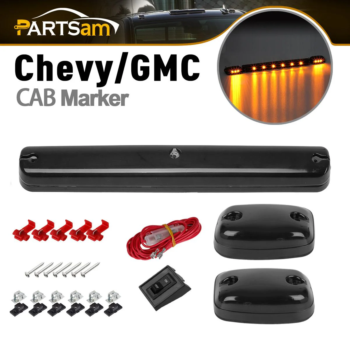 Partsam 3X Smoke Cab Light Amber 12LED Cab Marker Top Roof Running Light Assembly + Wire Harness Compatible with Silverado/ Sierra 1500 2500 2500HD 3500 3500HD 2014 2500HD 3500HD 2007-2013 - Image 4