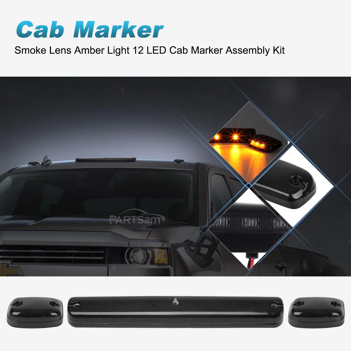 Partsam 3X Smoke Cab Light Amber 12LED Cab Marker Top Roof Running Light Assembly + Wire Harness Compatible with Silverado/ Sierra 1500 2500 2500HD 3500 3500HD 2014 2500HD 3500HD 2007-2013 - Image 5