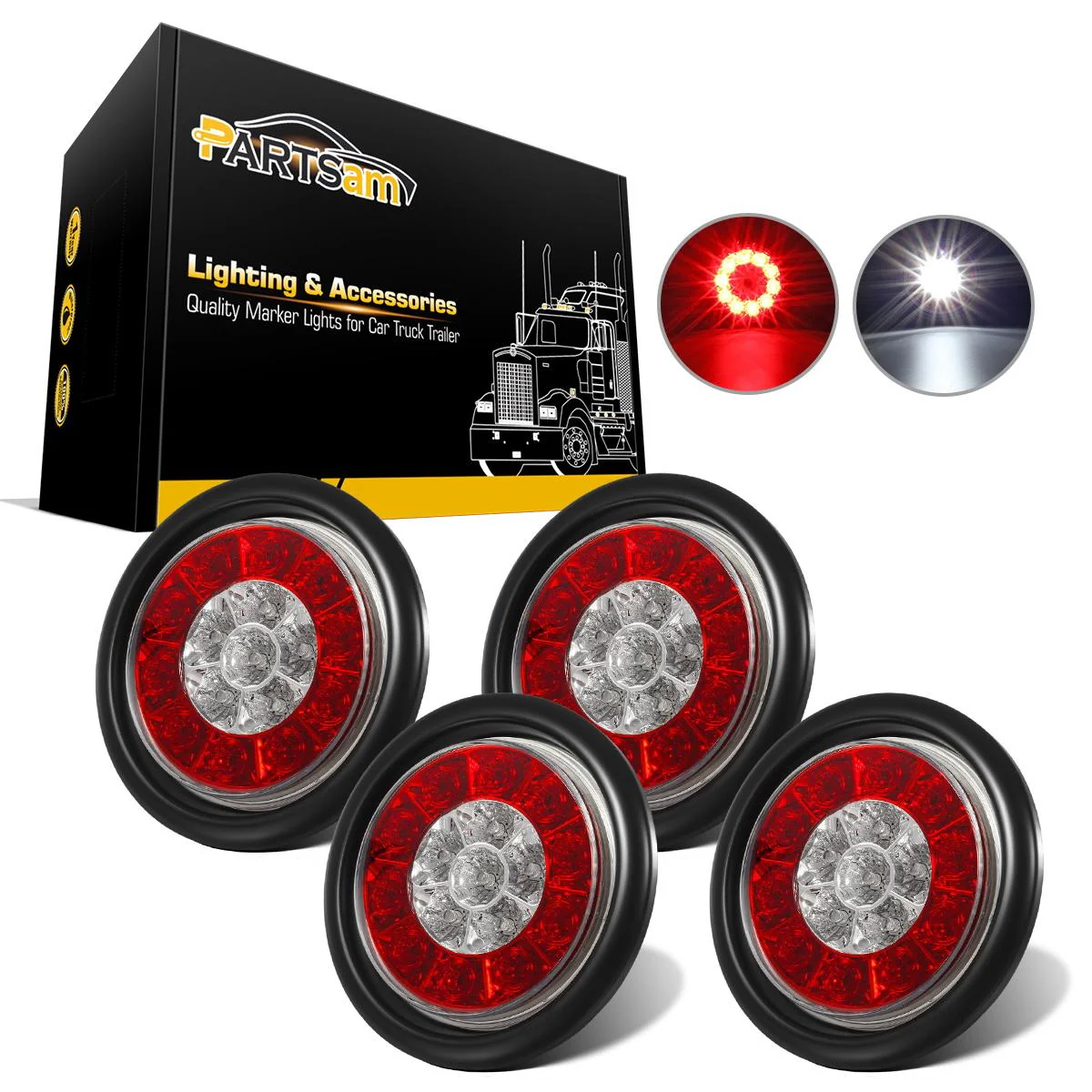 Partsam 4Pcs 4inch Inch Round LED Trailer Tail Lights with Backup Reverse Lights 16LED Waterproof Stop Brake Tail Running Utility Lights Lamps DC 12V Sealed, Hardwired with Grommet (Not Plug and Play) - Image 3