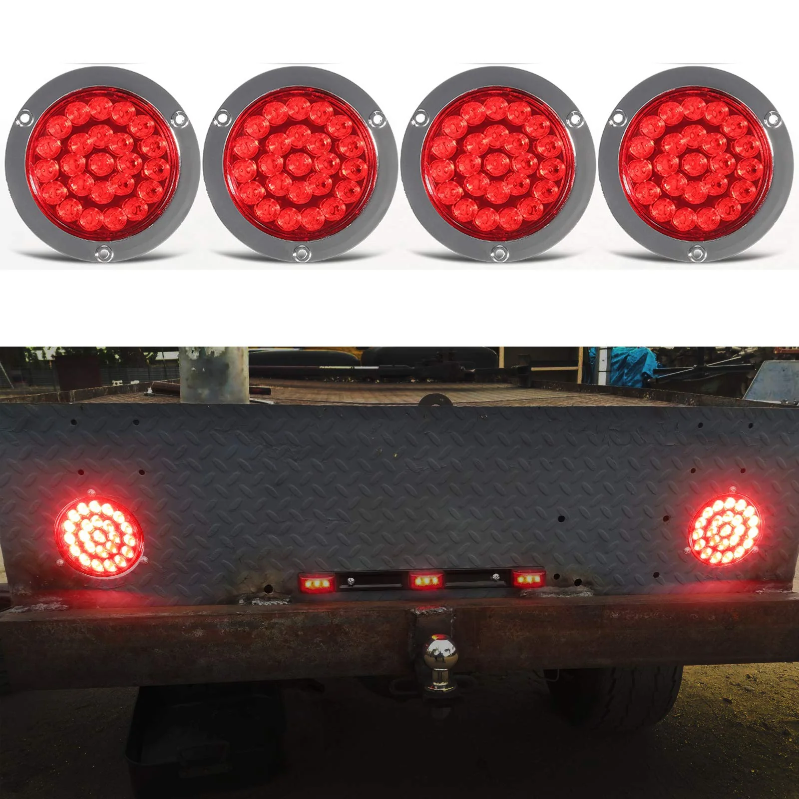 Partsam 4Pcs 4inch Round Red LED Stop Turn Tail Lights Brake Trailer Lights 24LED, 4 Inch Round Led Trailer Tail Lights Red Flange Mount Waterproof for RV Trucks 12V DC - Image 5