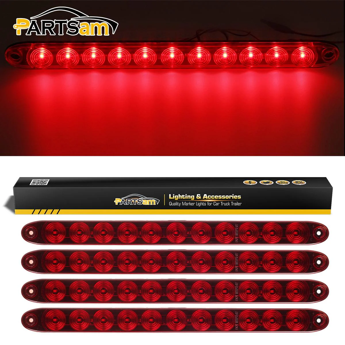 Partsam 4pcs Red 15inch Inch Sealed 11 LED Third Brake Light Bar Stop Turn Signal Tail 3rd Brake Light ID Bar Truck Trailer RV Camper Waterproof - Image 3