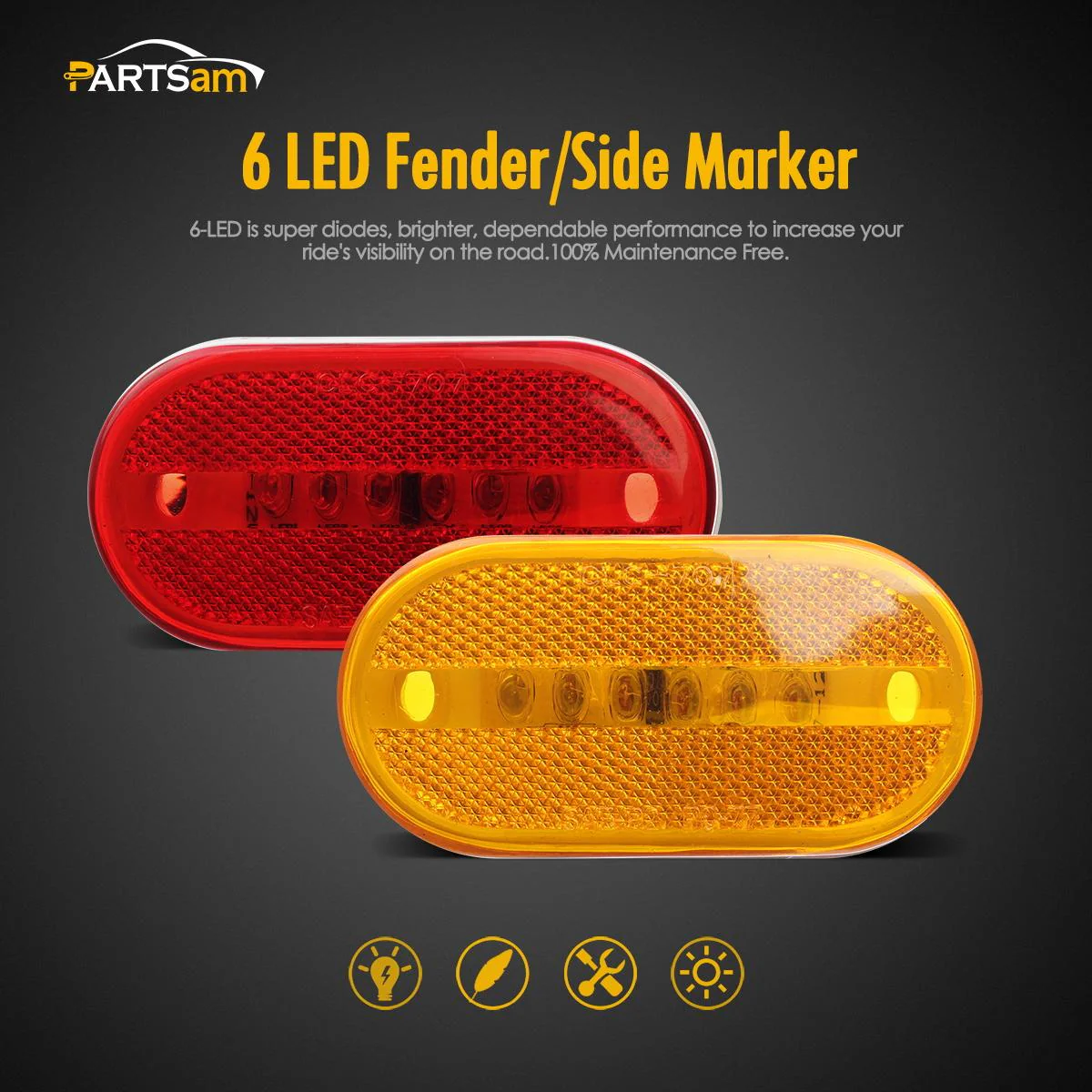 Partsam 4x LED Front Rear Side Marker Light Indicator for Boats Truck Trailer Amber & Red, 4 Inch RV Camper Trailer Rectangular Led Marker Clearance Lights with Reflex Lens 6 Diodes Waterproof 12V - Image 5