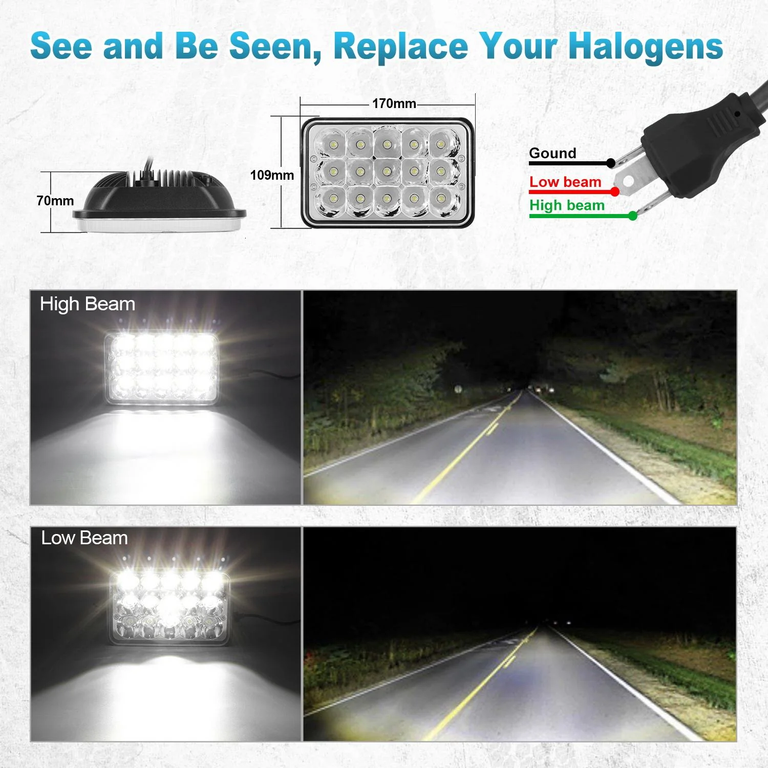 Partsam 4x6 6x4 inch LED Headlights Rectangular Sealed Beam Headlamp H4651 H4652 H4656 H4666 H6545 H4 Socket Hi/Lo Beam Compatible with 379, W900, K5 K10 K20 W3500 - Image 3