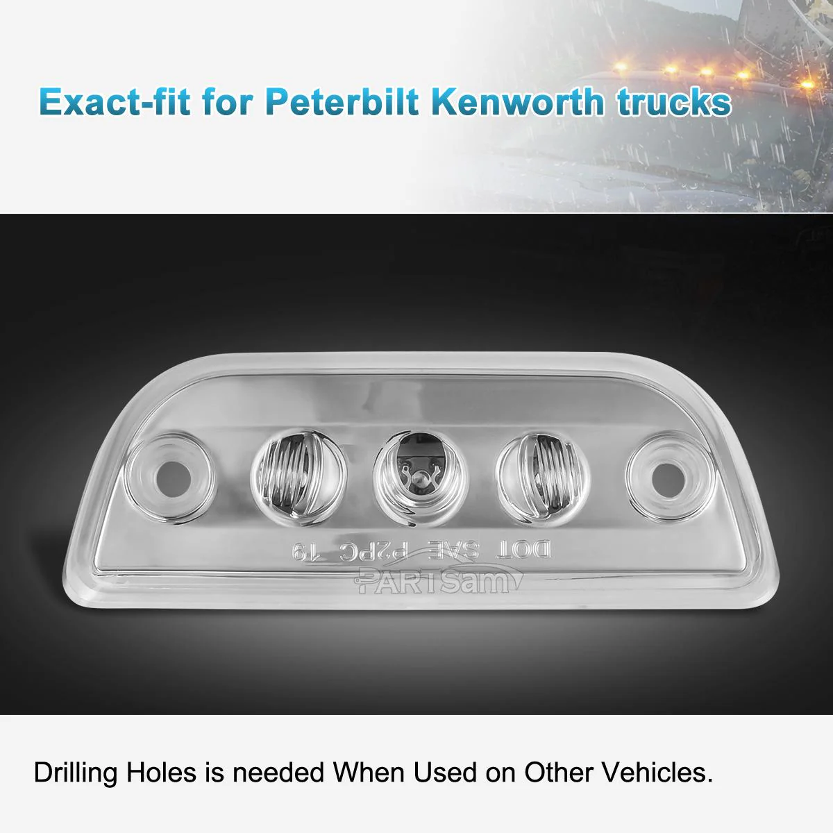 Partsam 5pcs 3LED Cab Light Truck Trailer Cab Marker Clear Lens Top Roof Running Reflective Lights Assembly Compatible with Peterbilt 579 & Kenworth T680, T770, T880 Heavy Trucks Cab Lights - Image 8