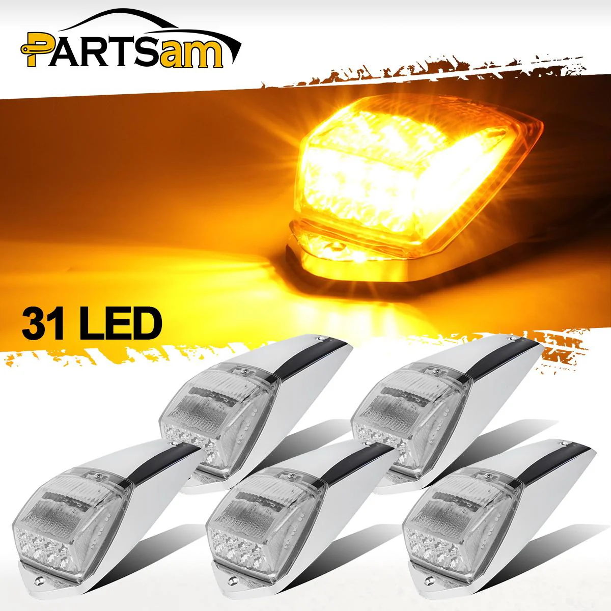 Partsam 5pcs Clear Lens 31LED Amber Cab Marker Top Roof Running Lights w/Chrome Base Compatible with Peterbilt/Kenworth/Freightliner//Western Star/Mack/International/Paccar Trailer Trucks - Image 3