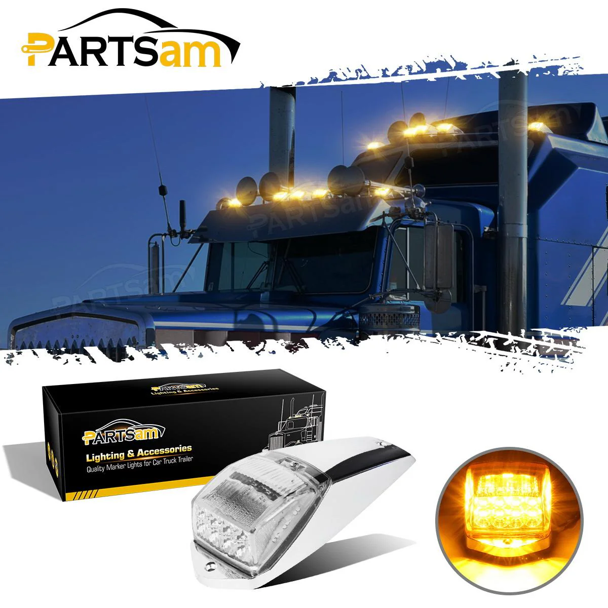 Partsam 5pcs Clear Lens 31LED Amber Cab Marker Top Roof Running Lights w/Chrome Base Compatible with Peterbilt/Kenworth/Freightliner//Western Star/Mack/International/Paccar Trailer Trucks - Image 4