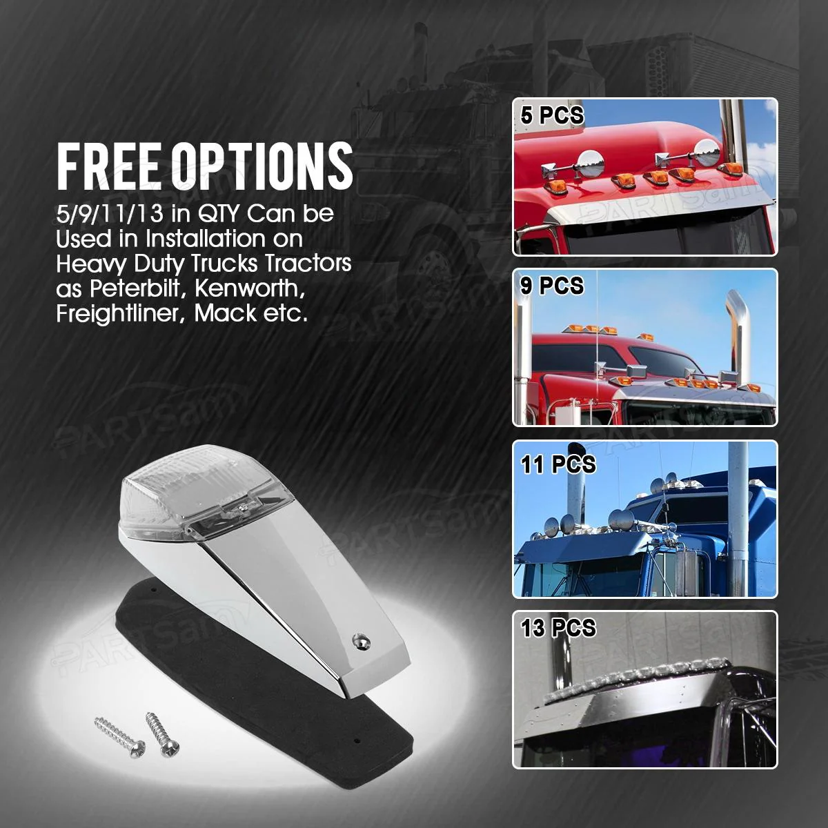 Partsam 5pcs Clear Lens 31LED Amber Cab Marker Top Roof Running Lights w/Chrome Base Compatible with Peterbilt/Kenworth/Freightliner//Western Star/Mack/International/Paccar Trailer Trucks - Image 9