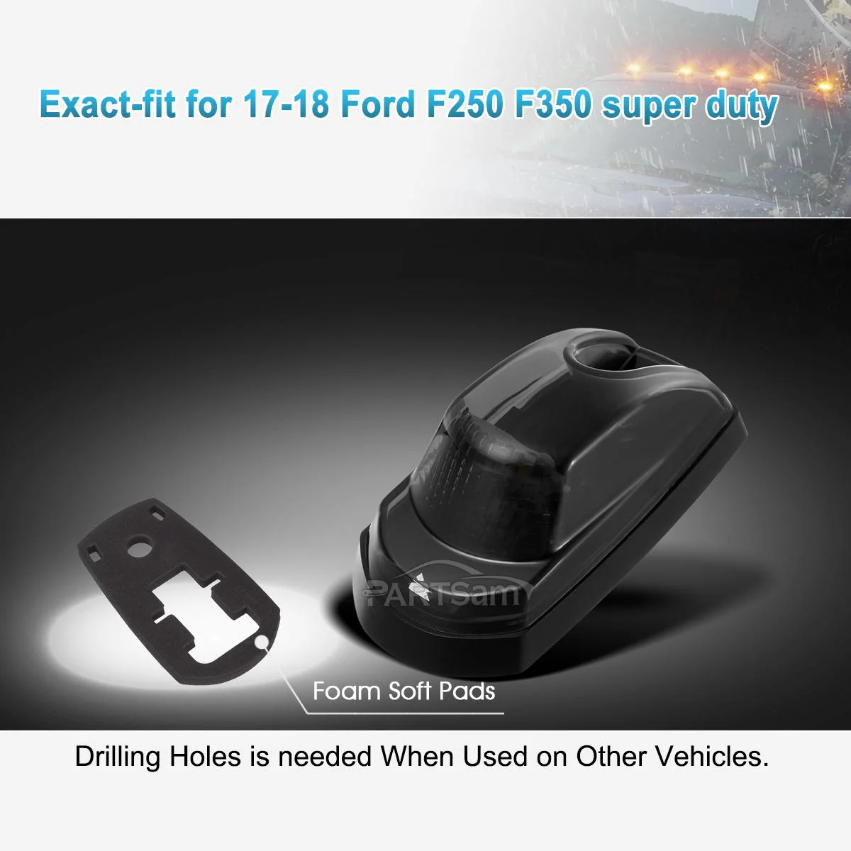 Partsam 5Pcs for F250 F350 F450 Smoke Cab Lights Amber LED Cab Marker Roof Running Top Clearance Lights Assembly Compatible with Ford F-250 F-350 F-450 F-550 Super Duty 2017-2021 264343BK - Image 7