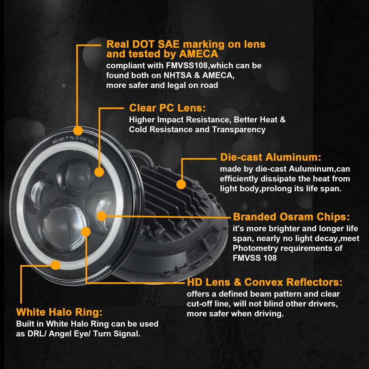 Partsam 7'' Round LED Headlights Osram Chips DOT Approved H6024 High Low Beam White Halo Ring Angel Eyes DRL+Amber Turning Signal Lights Compatible with Jeep Wrangler JK LJ TJ CJ/Hummer H2 H1 (Pair) - Image 4
