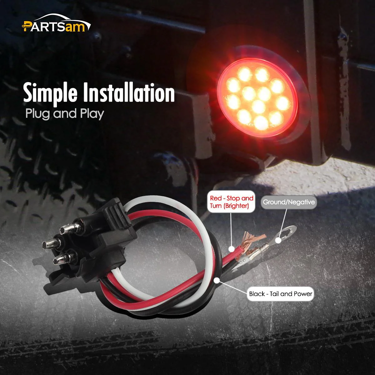 Partsam 8Pcs 4inch Round Red LED Trailer Tail Light, 4 Inch Round Led Stop Turn Tail Lights Brake Brake Trailer Lights for RV Trucks, Rubber Grommets and 3-Prong Wire Pigtails Included - Image 8