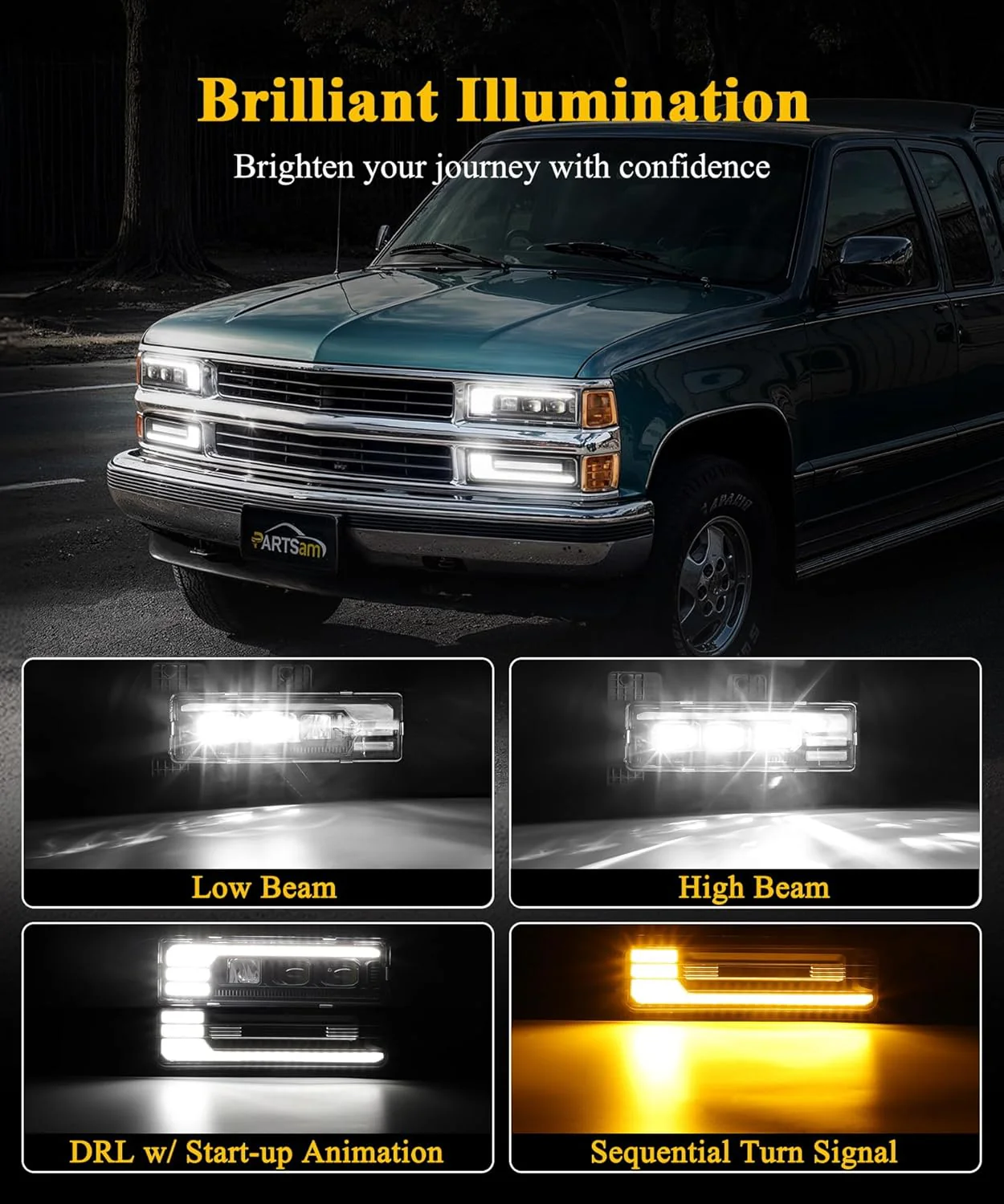 Partsam LED Headlights Assembly DOT Approved with Start Animation DRL Sequential Turn Signal Hi/Low Beam Lights Replacement for OBS Truck Silverado C/K 1500/2500/3500 88-98, 6500K 12V IP67 - Image 4