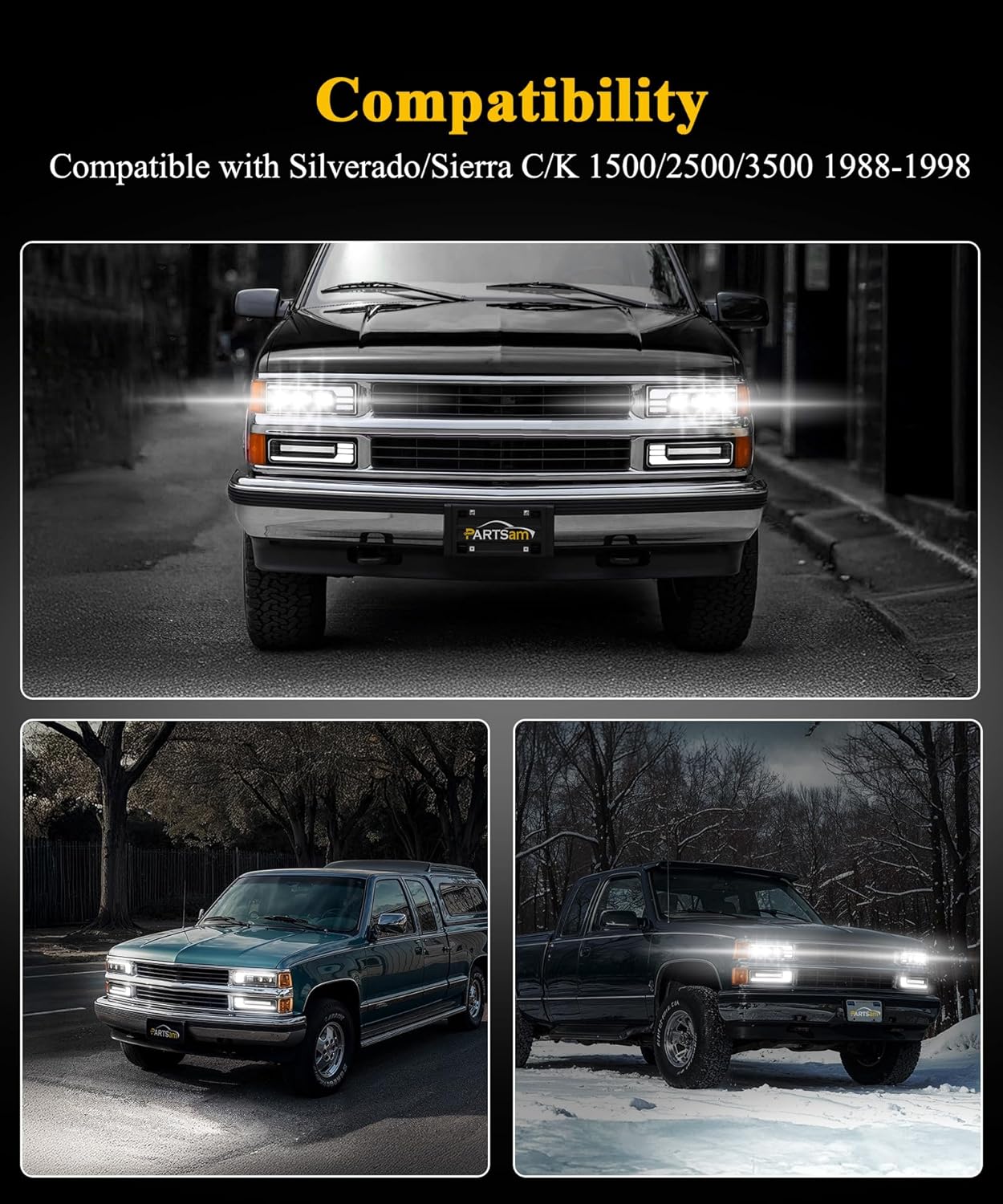 Partsam LED Headlights Assembly DOT Approved with Start Animation DRL Sequential Turn Signal Hi/Low Beam Lights Replacement for OBS Truck Silverado C/K 1500/2500/3500 88-98, 6500K 12V IP67 - Image 5