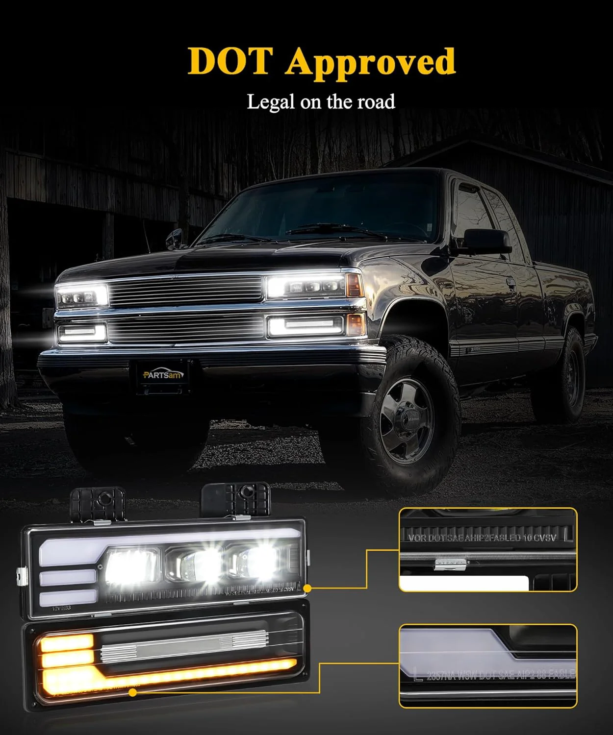 Partsam LED Headlights Assembly DOT Approved with Start Animation DRL Sequential Turn Signal Hi/Low Beam Lights Replacement for OBS Truck Silverado C/K 1500/2500/3500 88-98, 6500K 12V IP67 - Image 7
