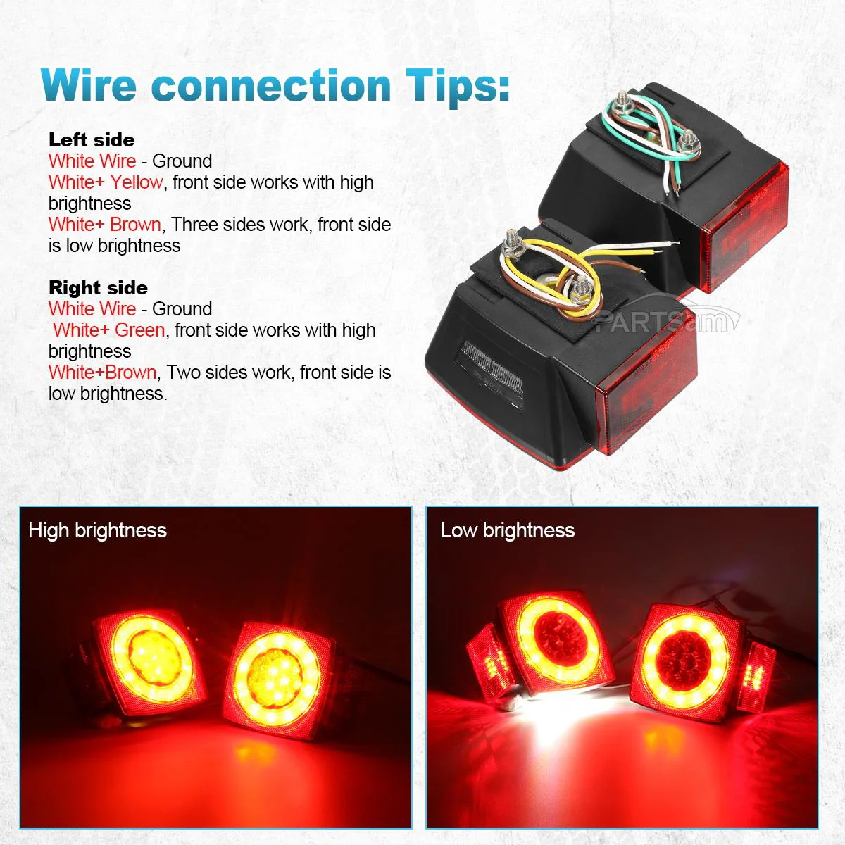 Partsam Led Submersible Trailer Tail Lights Kit, Waterproof 12V Square LED Trailer Lights Halo Glow with Wiring Harness Combination Brake Stop Turn Running License Lights for RV Marine Boat Trailer - Image 4