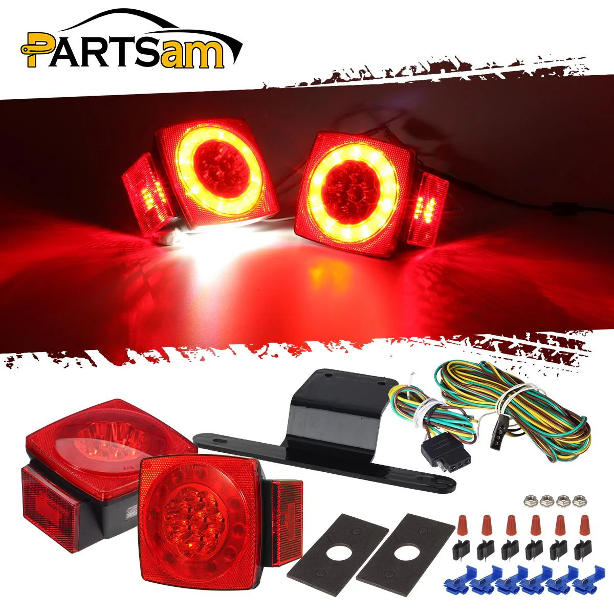 Partsam Led Submersible Trailer Tail Lights Kit, Waterproof 12V Square LED Trailer Lights Halo Glow with Wiring Harness Combination Brake Stop Turn Running License Lights for RV Marine Boat Trailer - Image 6