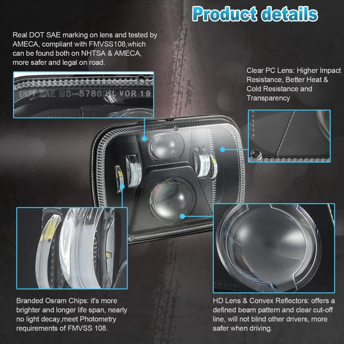 Partsam New Osram Chips 110W 5x7 Inch Led Headlights 7x6 LED Headlamp DOT Approved with High Low Beam H6054 6054 Led Headlight Compatible with Jeep YJ Cherokee XJ H5054 H6054LL 6052 6053(Pair) - Image 5