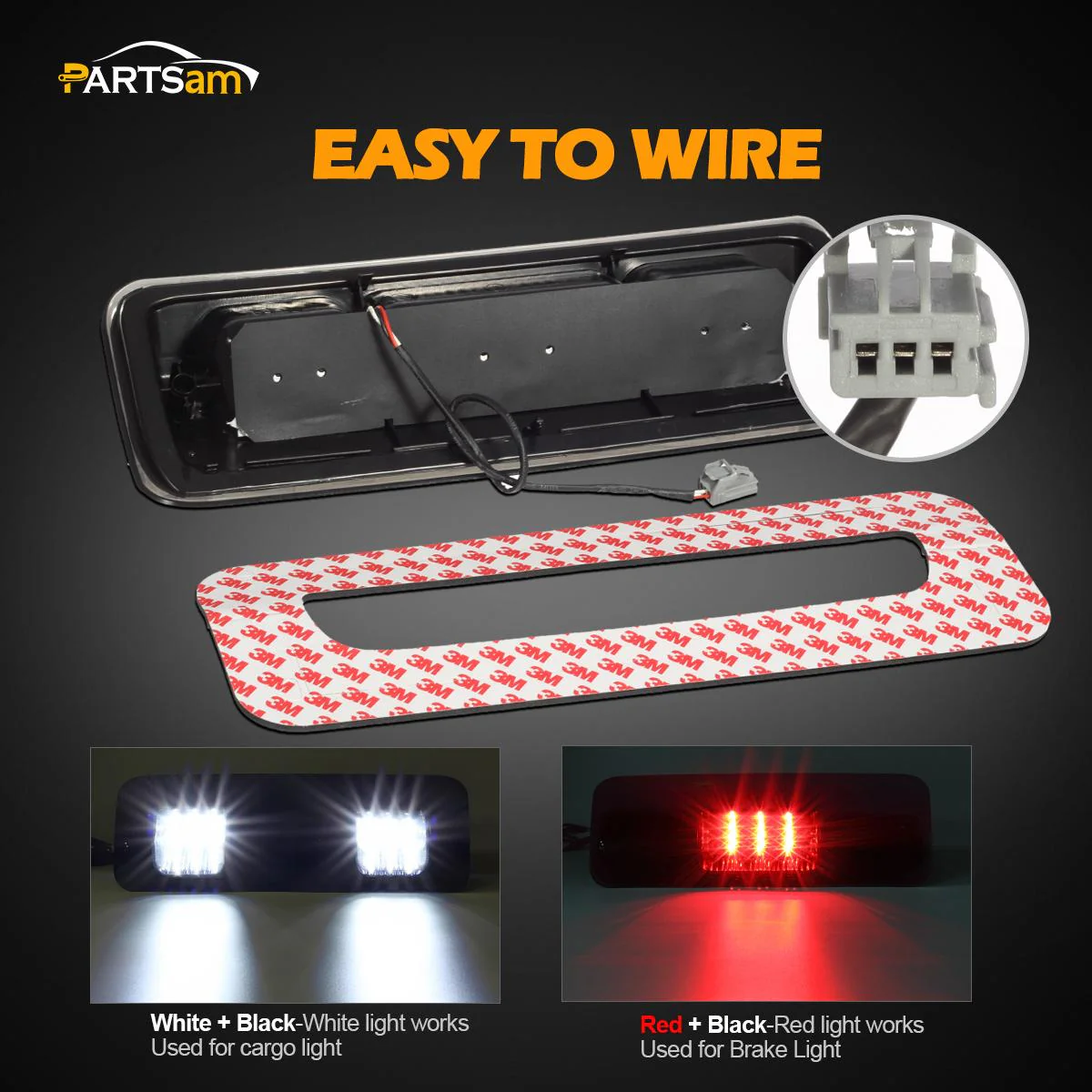 Partsam Replacement for F150 F-150 2004 2005 2006 2007 2008 High Mount Stop Light 3rd Third Brake Light Smoked LED Rear Cab Roof Center Mount Brake Tail Cargo Light Lamp Chrome Housing w/3 Plugs - Image 4